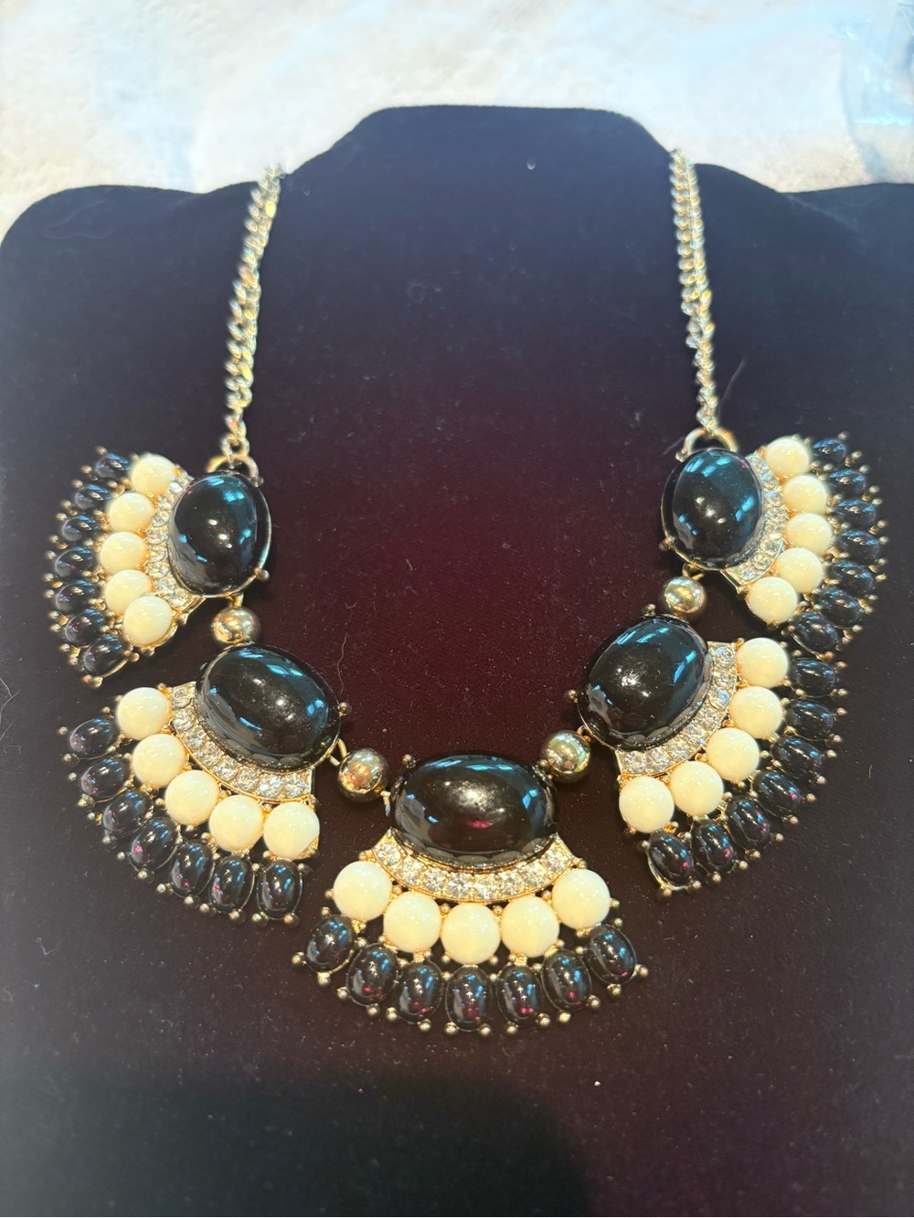 Stunning Black & Ivory Rhinestone Fans Bib Statement Necklace Egyptian Vibes